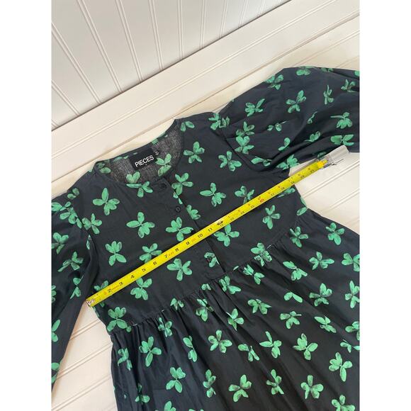 ASOS Pieces Floral Mini Smock Babydoll Dress in Black & Green Long Sleeve Size M - Picture 6 of 8